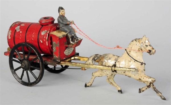 HAND-PAINTED TIN HORSE-DRAWN FIRE PUMPER TOY.     