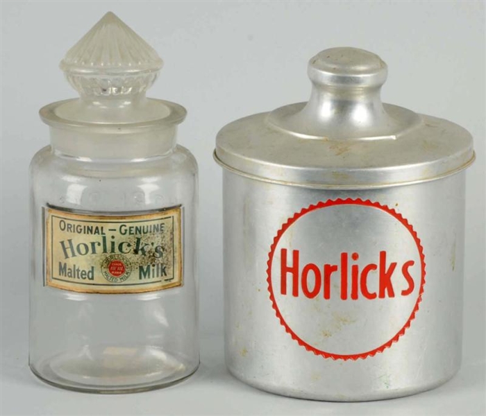 HORLICKS GLASS JAR & ALUMINUM CANISTER.          