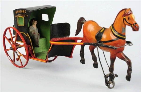 EARLY HAND-PAINTED TIN HANSOM CAB TOY.            