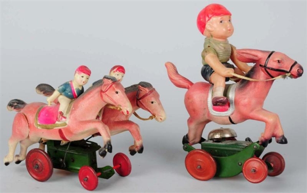 LOT OF 2: CELLULOID HORSE RIDING TOYS.            