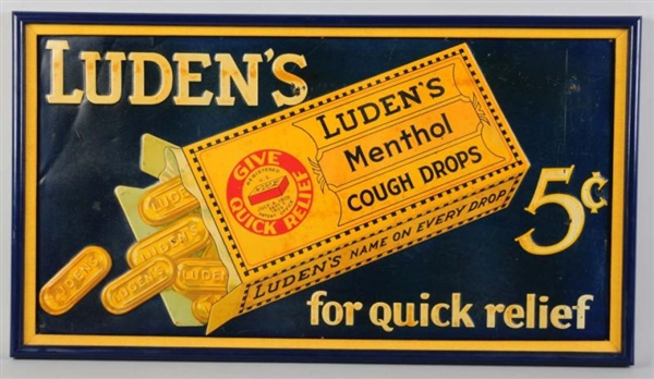 EMBOSSED TIN LUDENS COUGH DROP SIGN.             