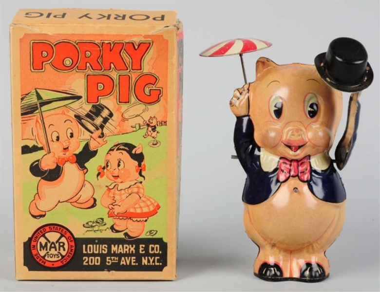 TIN LITHO MARX PORKY PIG WITH TOP HAT WIND-UP TOY 