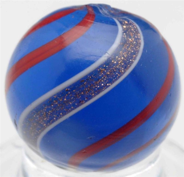 SEMI-OPAQUE BLUE GLASS BANDED LUTZ MARBLE.        