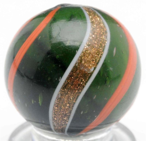 DARK GREEN GLASS BANDED LUTZ MARBLE.              