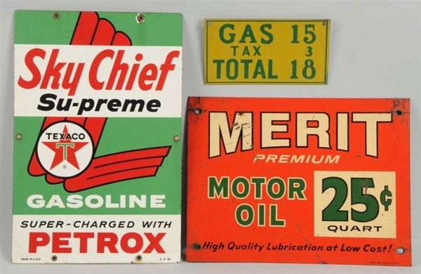 LOT OF 3: ASSORTED GAS & OIL SIGNS.               