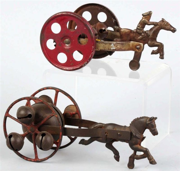 LOT OF 2: CAST IRON & TIN HORSE-DRAWN BELL TOYS.  