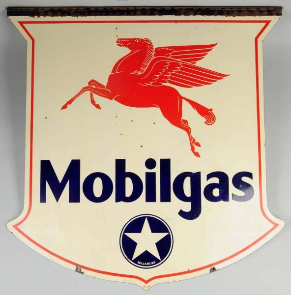 1930S MOBILGAS 2-SIDED PORCELAIN CUTOUT SIGN.     