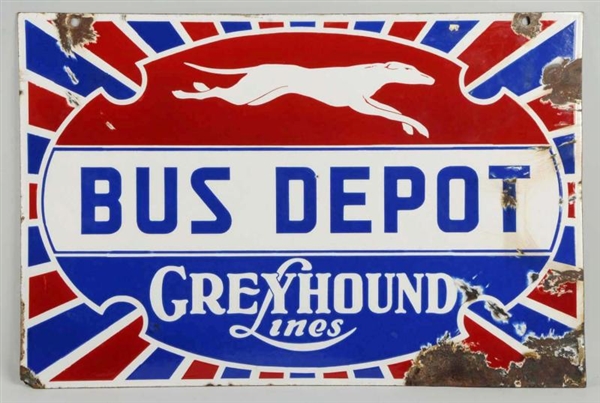 GREYHOUND BUS DEPOT PORCELAIN 2-SIDED SIGN.       