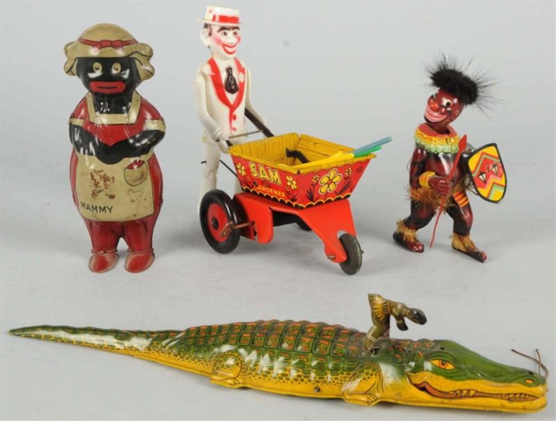 LOT OF 4: TIN LITHO AFRICAN-AMERICAN THEMED TOYS. 