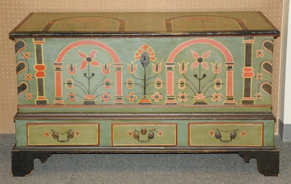 PAINTED BLANKET CHEST WITH 3 DOVETAILED DRAWERS.  