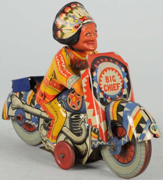 TIN LITHO METTOY BIG CHIEF INDIAN MOTORCYCLE TOY. 