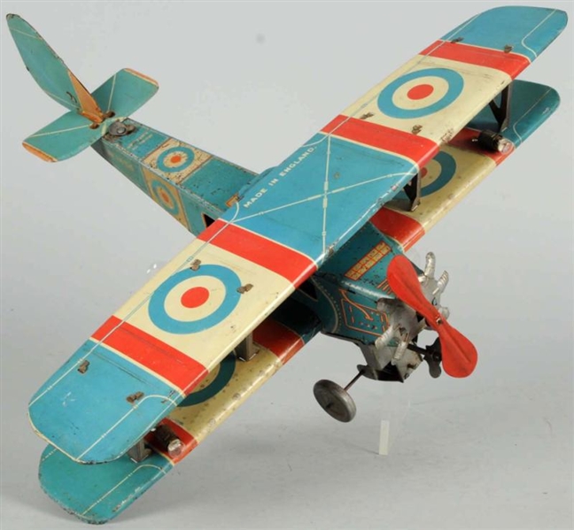 EARLY TIN LITHO BI-WING AIRPLANE WIND-UP TOY.     