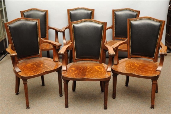 LOT OF 6: OAK LEATHER-BACK ARM CHAIRS.            