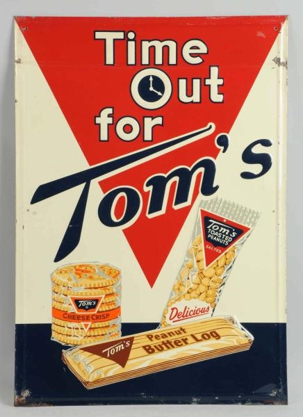 1958 EMBOSSED TOMS TIN SIGN.                     