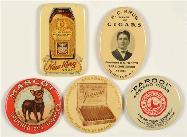 LOT OF 5: CIGAR & TOBACCO RELATED POCKET MIRRORS. 