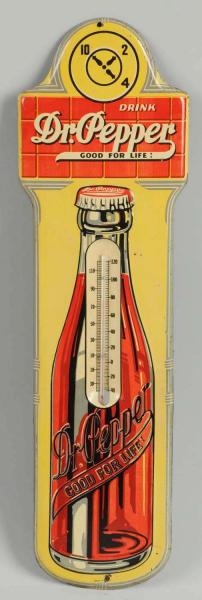 CIRCA 1940 DR. PEPPER EMBOSSED TIN THERMOMETER.   