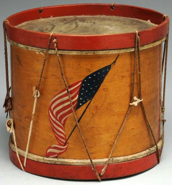 EARLY WOODEN DRUM & PAINTED AMERICAN FLAG.        
