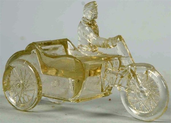 GLASS MOTORCYCLE WITH SIDECAR CANDY CONTAINER.    