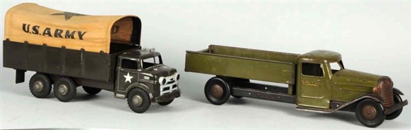 LOT OF 2: PRESSED STEEL ARMY TRUCK TOYS.          