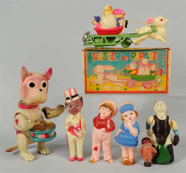 LOT OF 7: CELLULOID WIND-UP TOYS & FIGURES.       