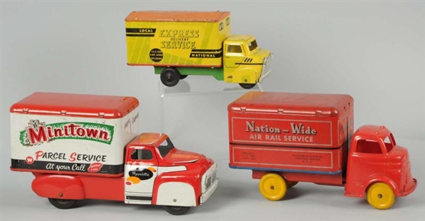 LOT OF 3: TIN LITHO ADVERTISING TRUCK TOYS.       