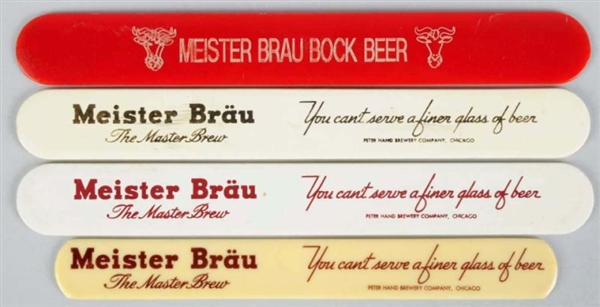 LOT OF 4: MEISTER BRAU & BOCK BEER FOAM SCRAPERS. 