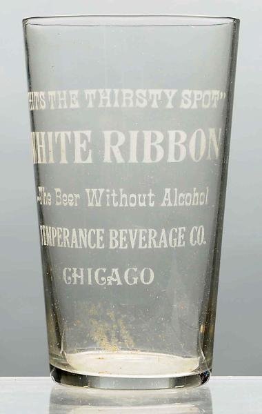WHITE RIBBON ACID-ETCHED BEER GLASS.              