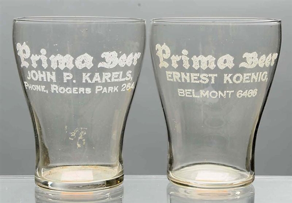 LOT OF 2: PRIMA BEER GLASSES.                     