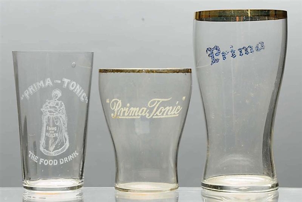 LOT OF 3: PRIMA TONIC ACID-ETCHED BEER GLASSES.   