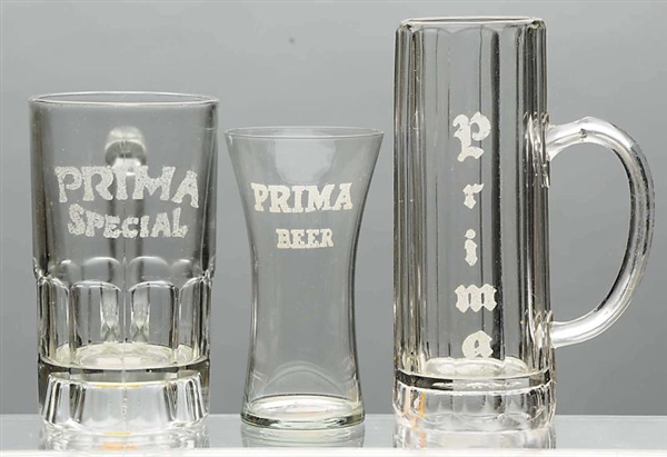 LOT OF 3: PRIMA BEER GLASSES.                     