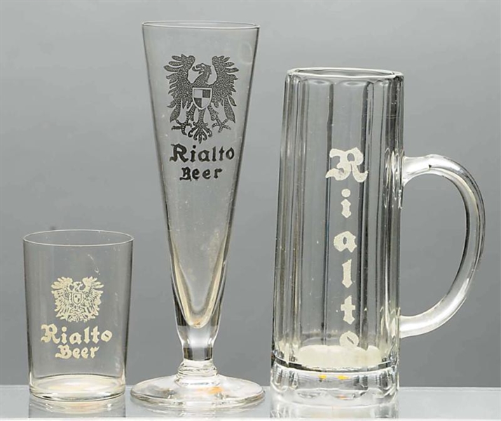 LOT OF 3: RIALTO ETCHED CHICAGO BEER GLASSES.     