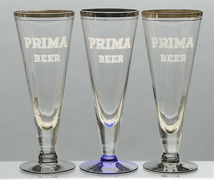 LOT OF 3: PRIMA ETCHED BEER GLASSES.              