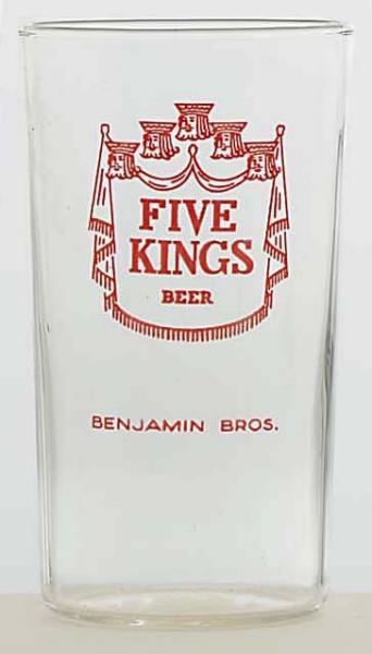 RARE FIVE KINGS ENAMELED BEER GLASS.              