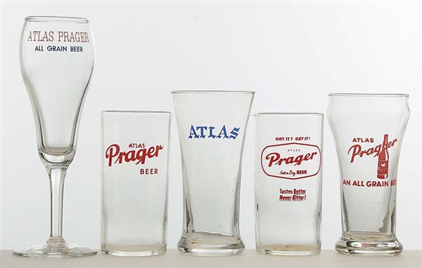 LOT OF 5: ATLAS PRAGER ENAMELED BEER GLASSES.     