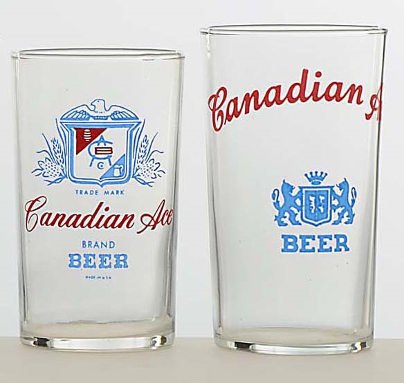 LOT OF 2: CANADIAN ACE ENAMELED BEER GLASSES.     