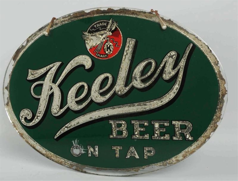 KEELEY BEER REVERSE GLASS OVAL HANGING SIGN.      