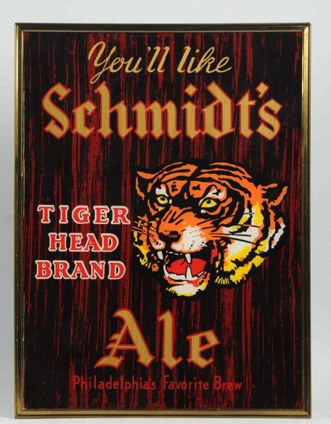 SCHMIDTS TIGER HEAD BRAND ALE REVERSE GLASS SIGN 