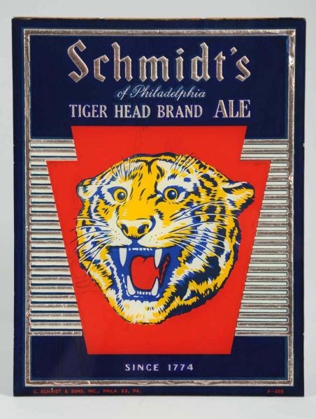 SCHMIDTS TIGER HEAD BRAND REVERSE GLASS SIGN.    