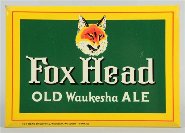 FOX HEAD OLD WAUKESHA ALE TIN OVER CARDBOARD SIGN 