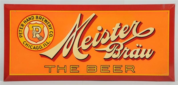 MEISTER BRAU BEER TIN OVER CARDBOARD SIGN.        