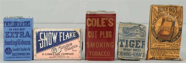 LOT OF 5: ASSORTED PAPER TOBACCO PACKS.           