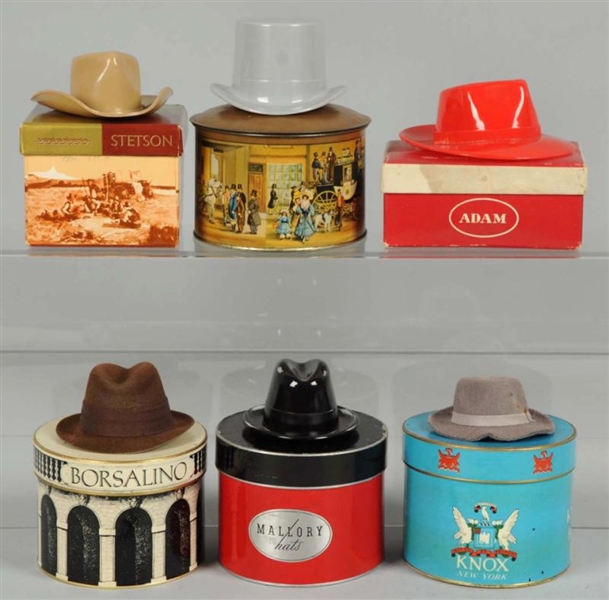 LOT OF 6: MINIATURE HAT BOXES WITH HATS.          