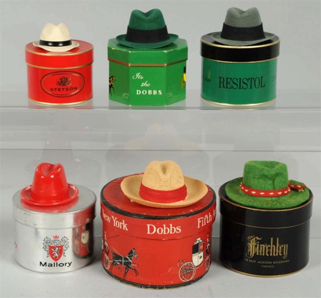 LOT OF 6: MINIATURE HAT BOXES WITH HATS.          