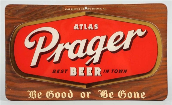 ATLAS PRAGER BEER GLASS ON WOOD SIGN.             