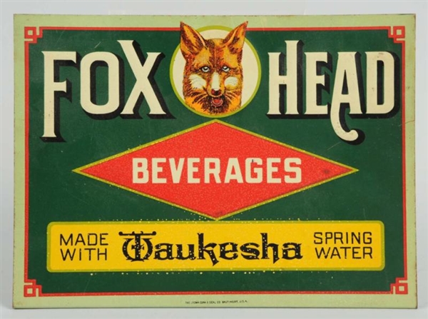 FOX HEAD BEVERAGES EMBOSSED TIN STAND-UP SIGN.    