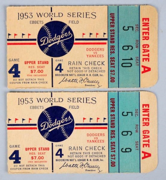 LOT OF 2: TICKETS TO 1953 WORLD SERIES GAME.      