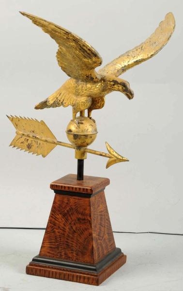 EARLY TIN EAGLE WEATHER VANE WITH GOLD LEAF.      