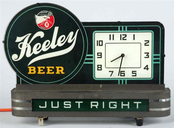 KEELEY BEER REVERSE GLASS LIGHT-UP CLOCK SIGN.    