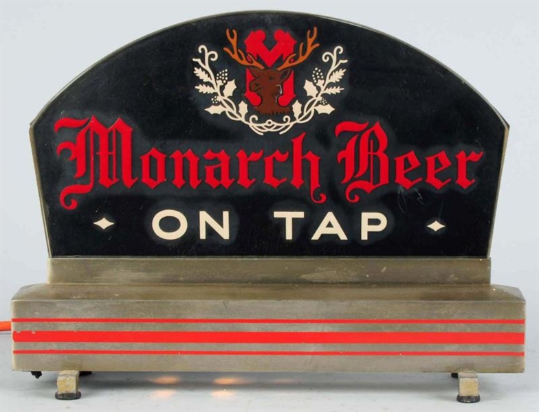 MONARCH BEER EMBOSSED REVERSE GLASS SIGN.         