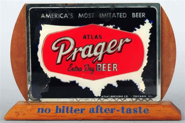ATLAS PRAGER BEER REVERSE GLASS SIGN ON STAND.    